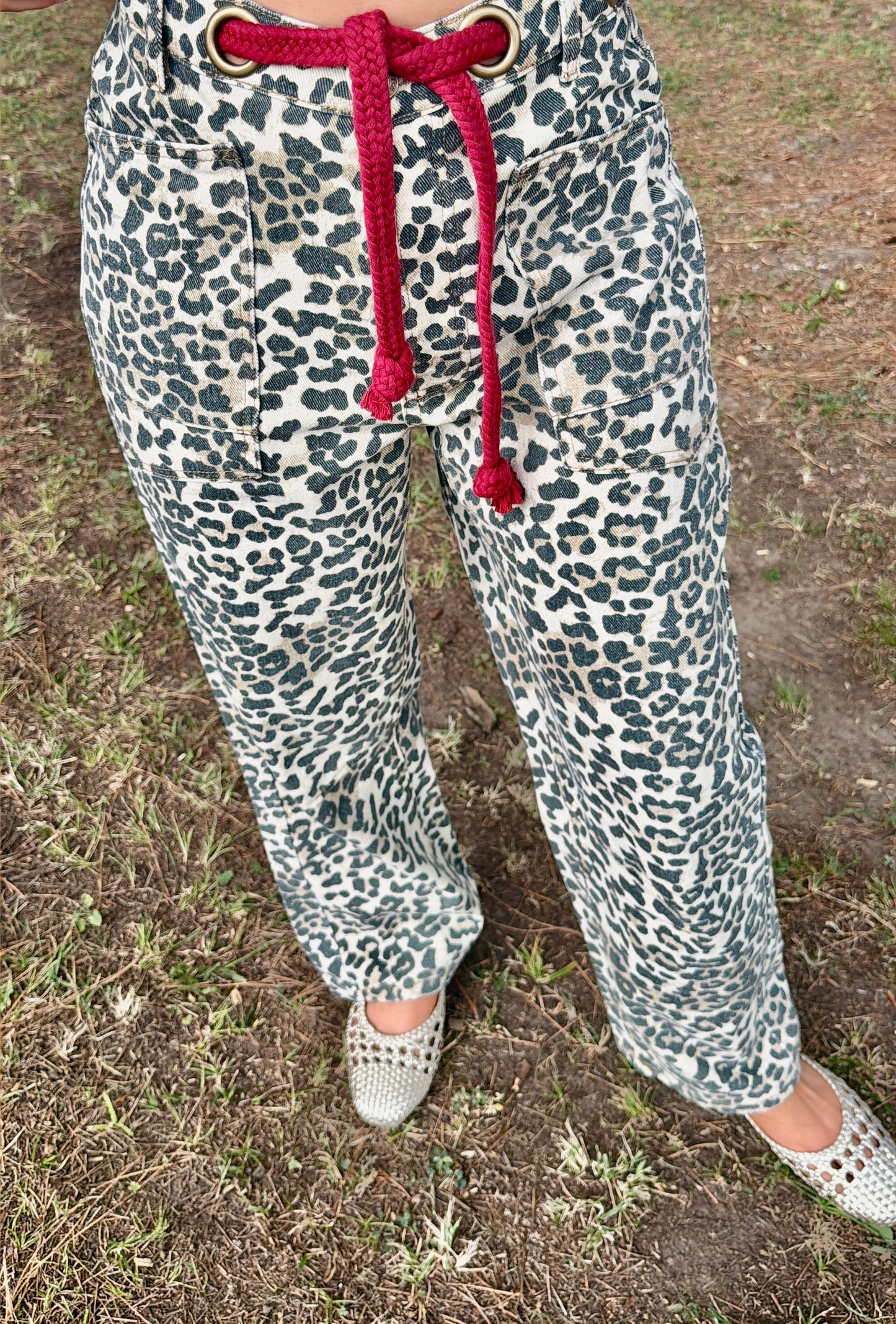 Leopard Barrel Jeans W/ Braided Belt