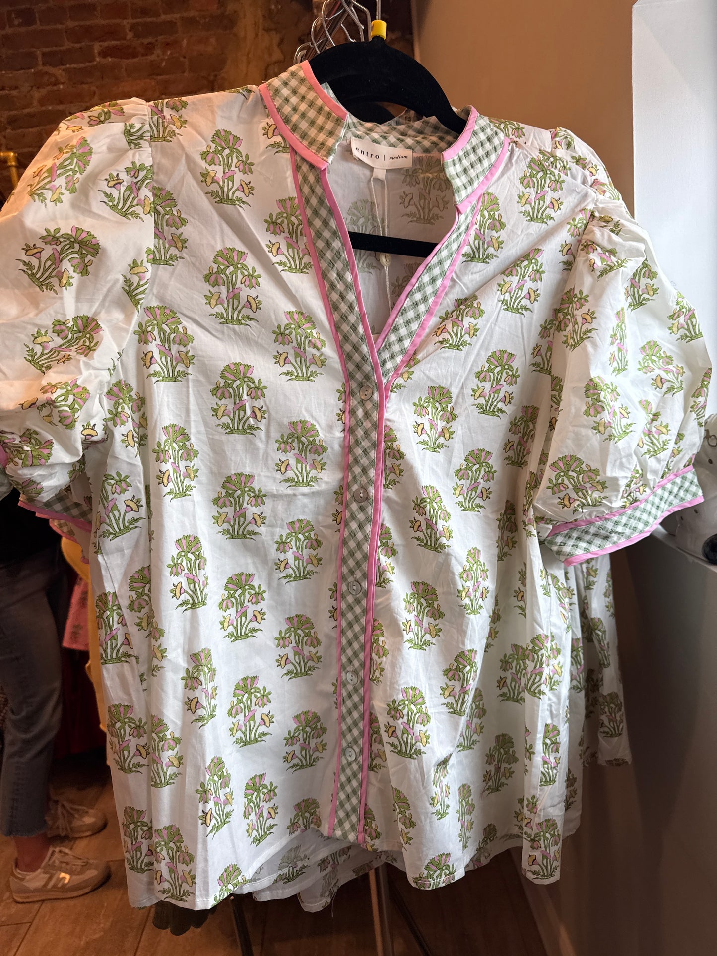 White Blouse with Pink and Green