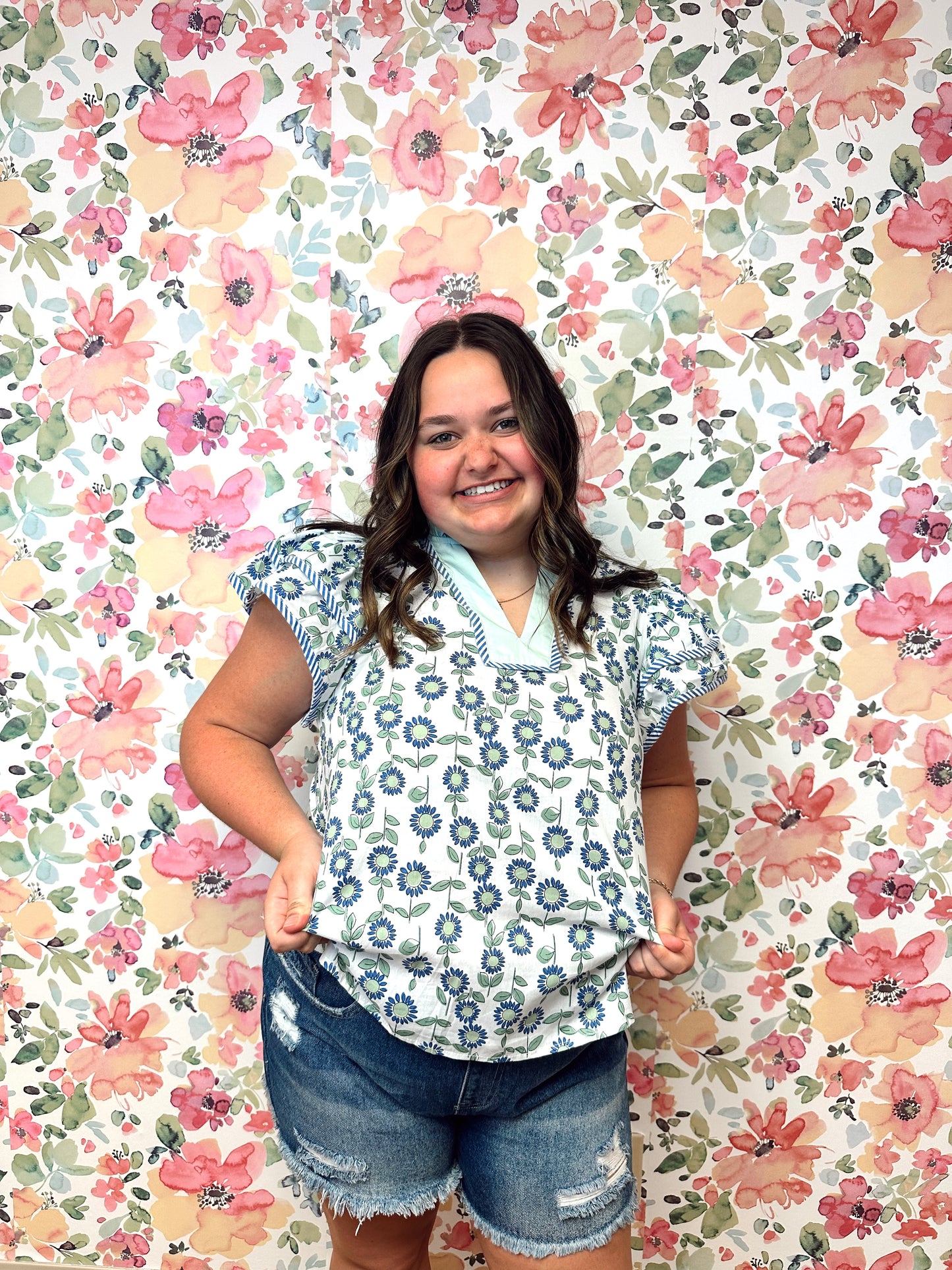 Ansley Blue Green Floral Shirt