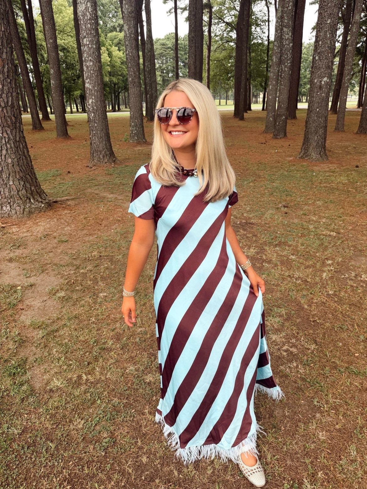 Blue & Brown Striped Feathered Dress