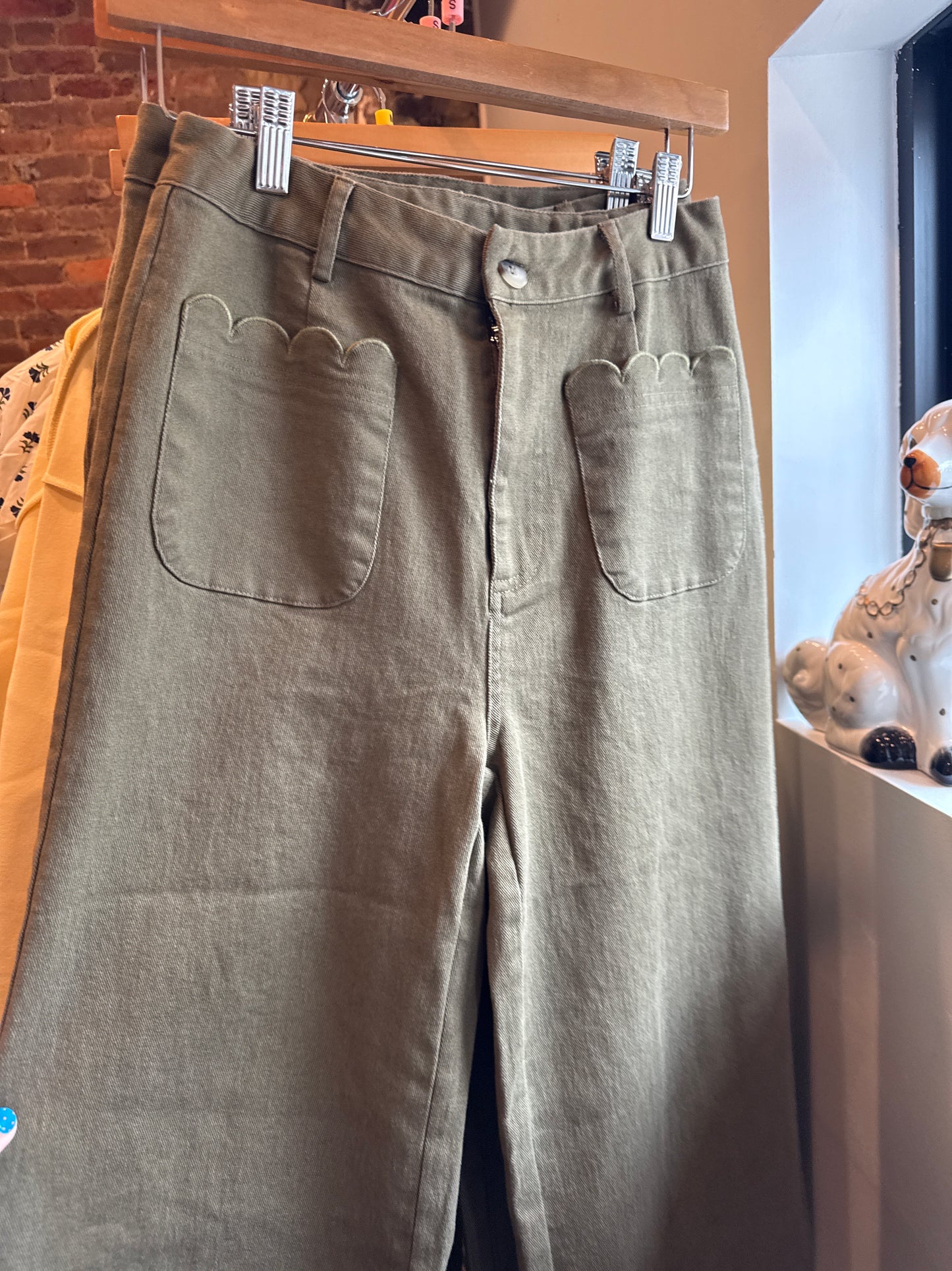 Olive Green Pants with Scalloped Edges