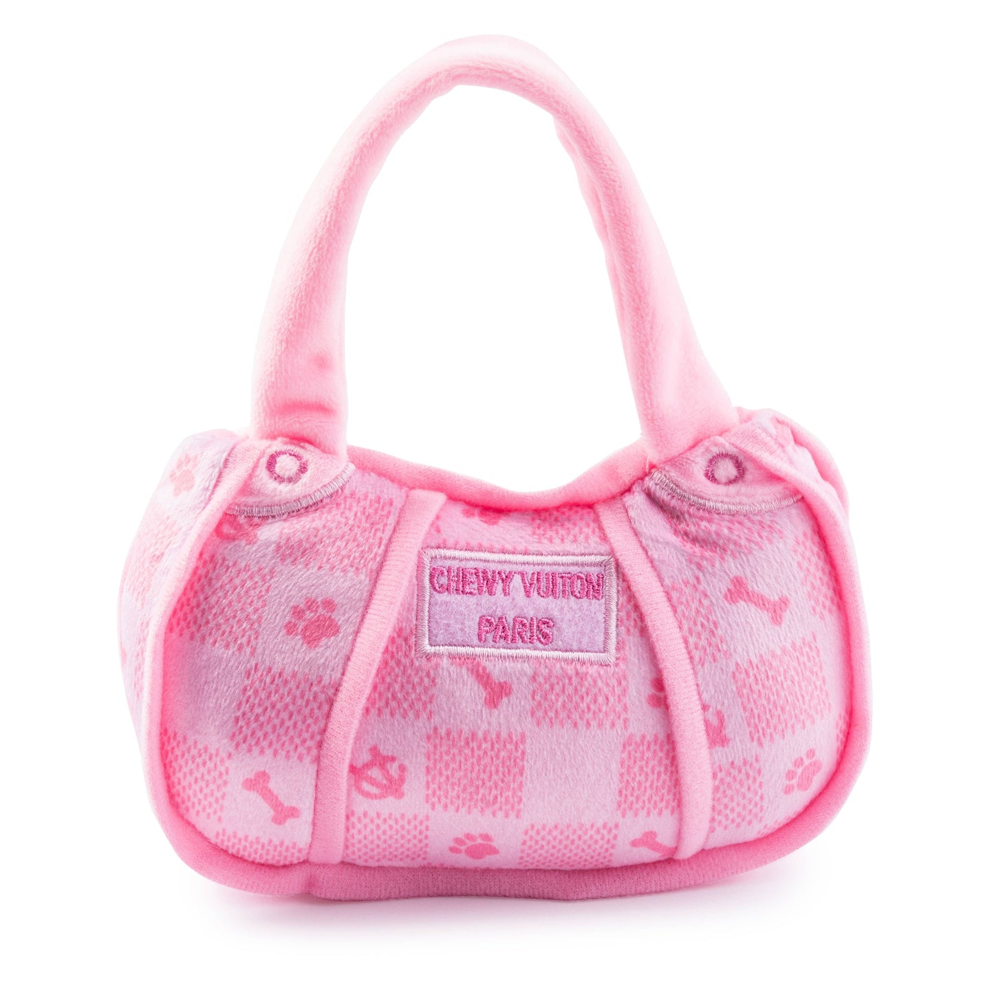 Pink Checker Chewy Vuiton Handbag | Squeaker Dog Toy