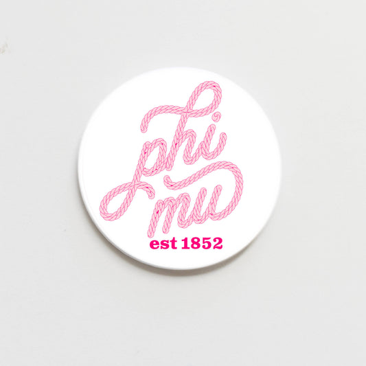 Phi Mu Howdy Greek Button - 2.25 inch
