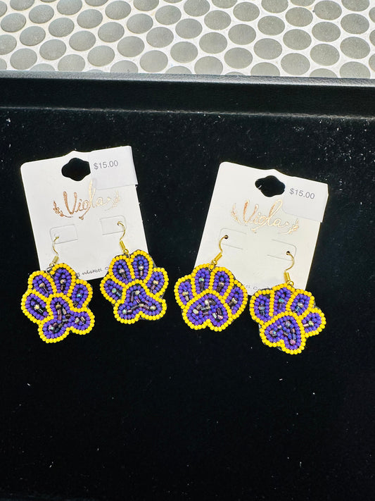 Purple And Gold Paw Print Earrings