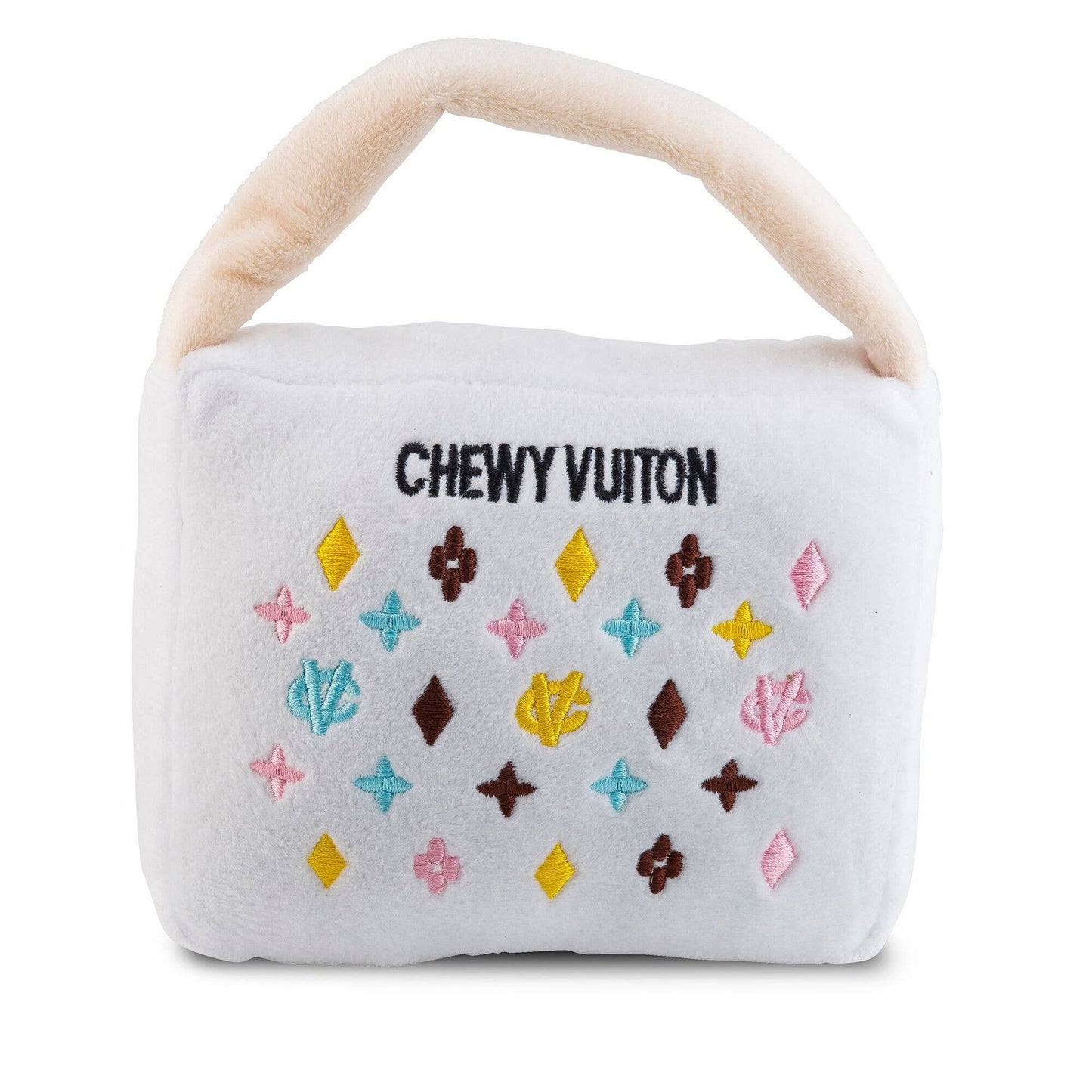 White Chewy Vuiton Purses | Plush Squeaker Dog Toy