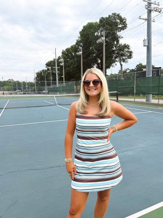 Blue & Brown Striped Athletic Dress