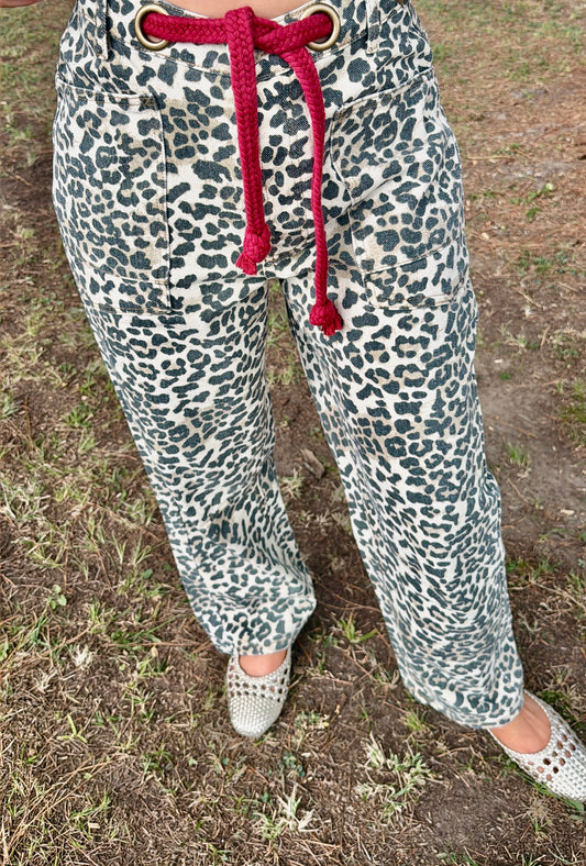 Leopard Barrel Jeans W/ Braided Belt