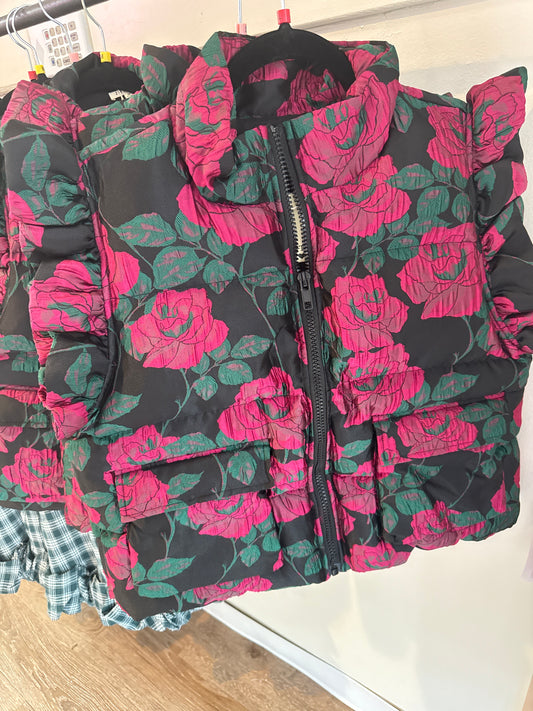 Black Floral Jacquard Puffy Vest