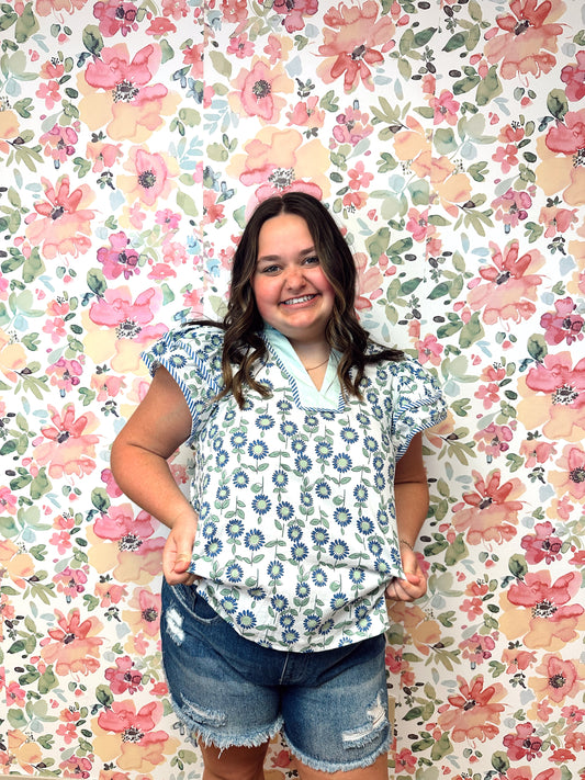 Ansley Blue Green Floral Shirt
