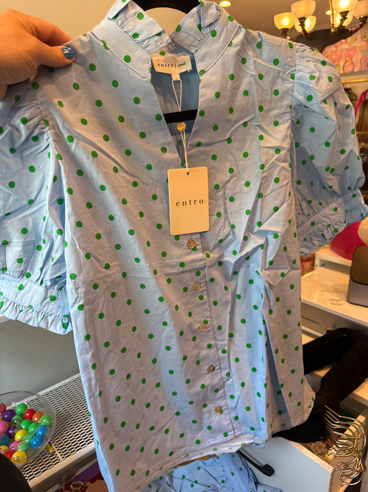 Blue Blouse with Green Polka Dots