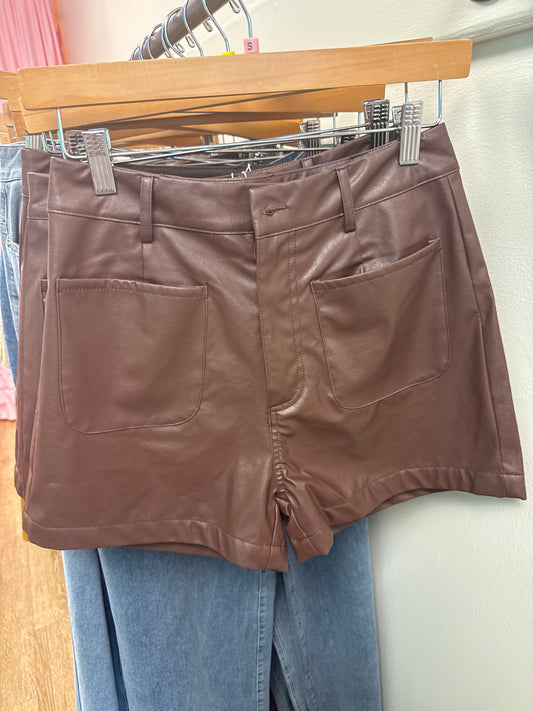 Faux Brown Leather Pocket Shorts