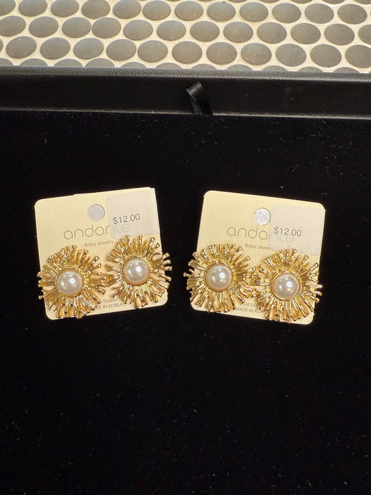 Gold Sun Burst Pearl Earrings