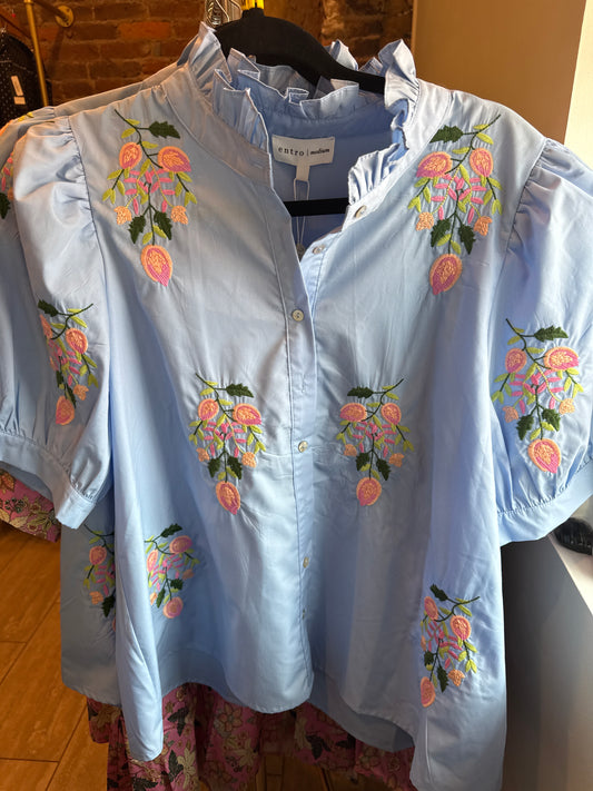 Floral Blue Button Top