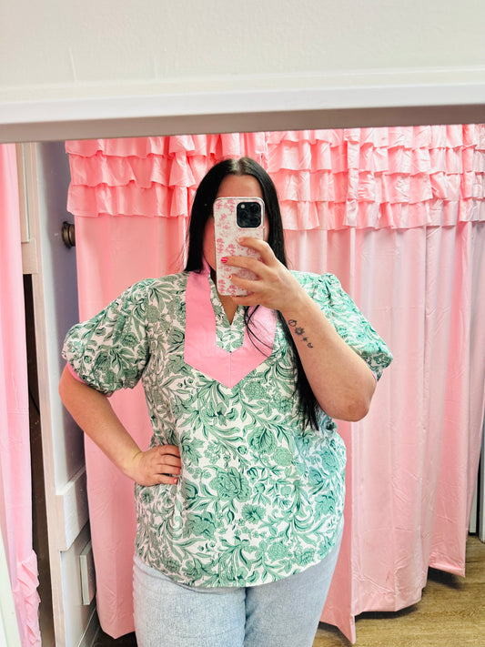 Green and Light Pink Blouse