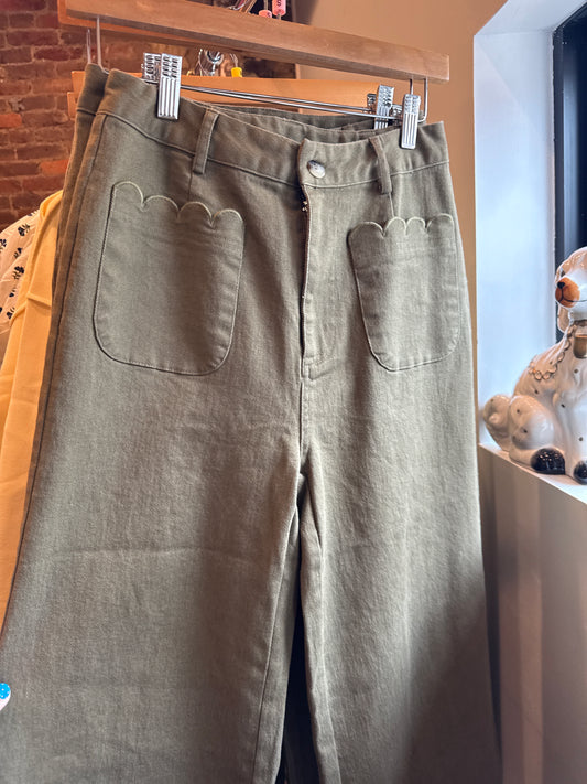 Olive Green Pants with Scalloped Edges