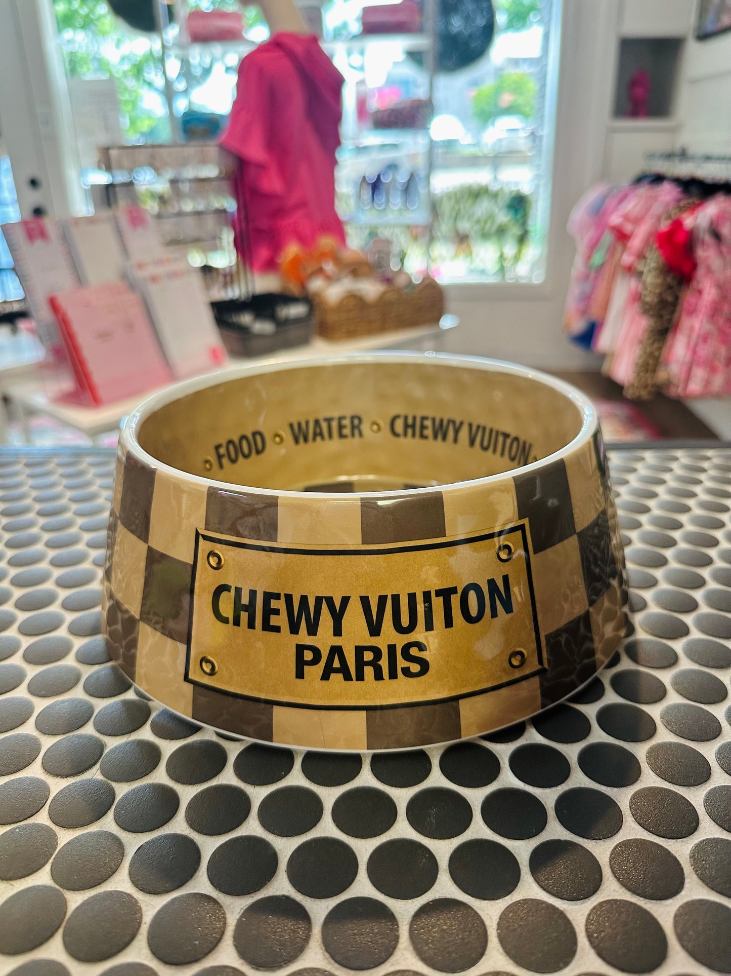 Checkered Chewy Vuiton Dog Bowl