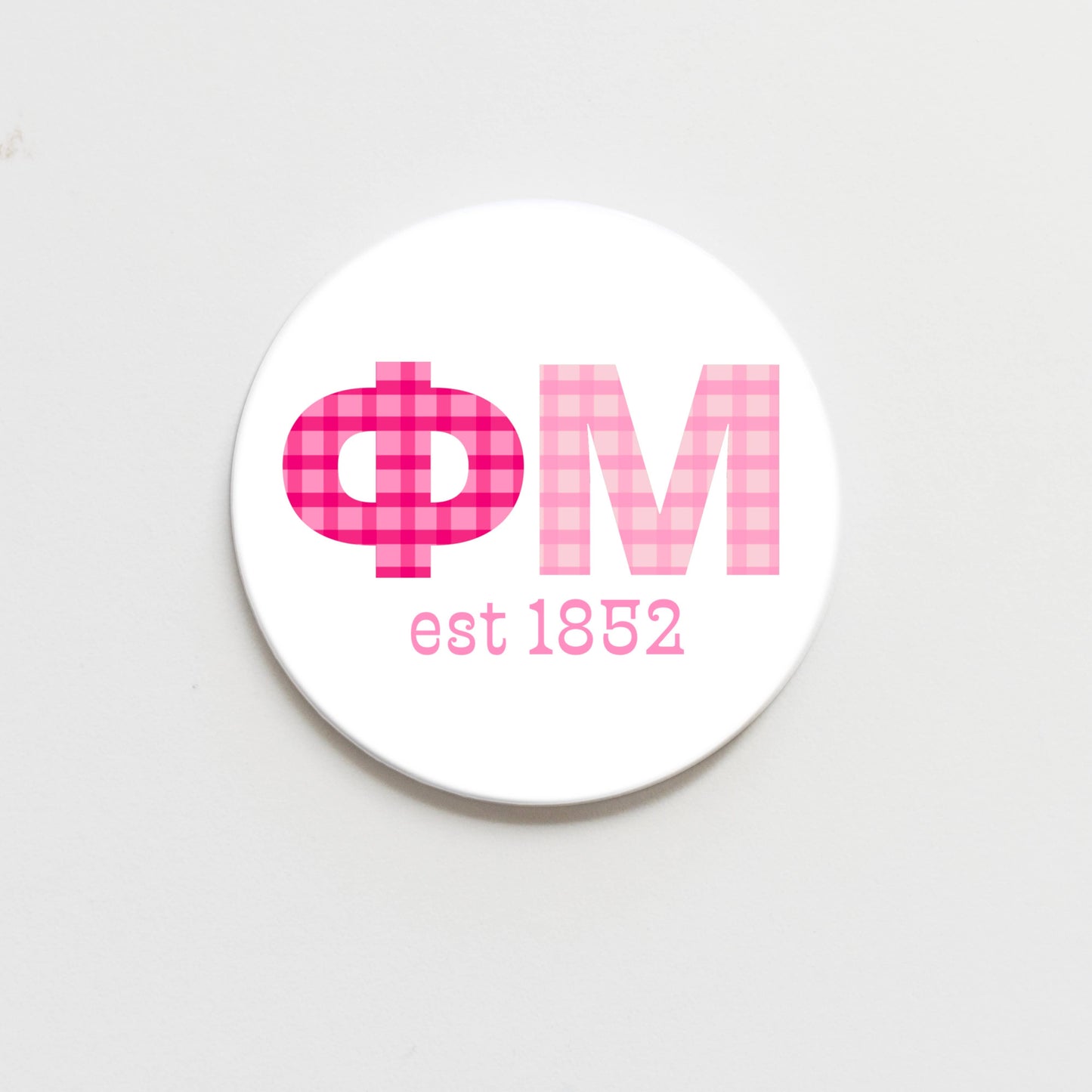 Phi Mu Gingham Letter Button- 2.25 inch