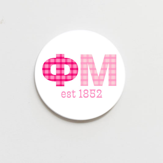 Phi Mu Gingham Letter Button- 2.25 inch