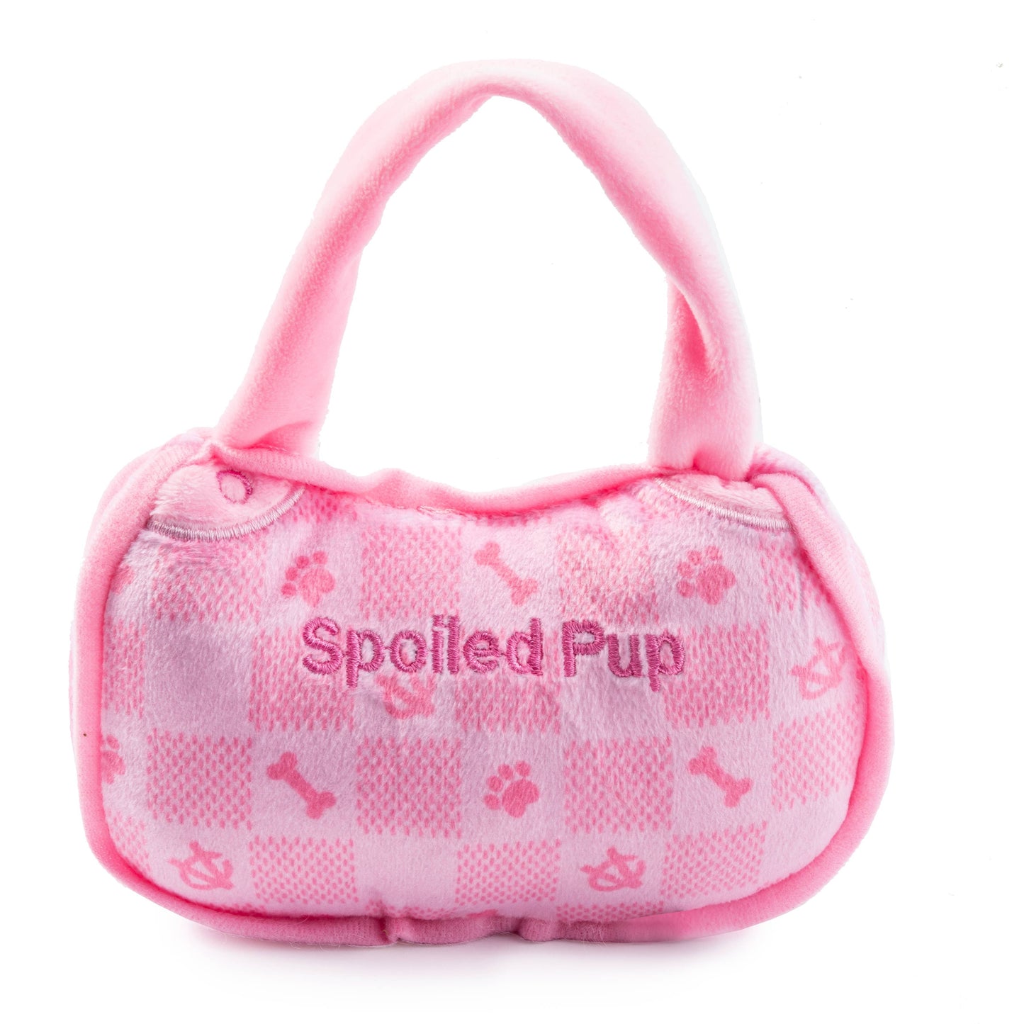 Pink Checker Chewy Vuiton Handbag  | Squeaker Dog Toy