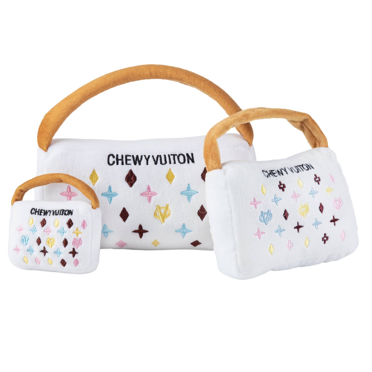 White Chewy Vuiton Purses | Plush Squeaker Dog Toy